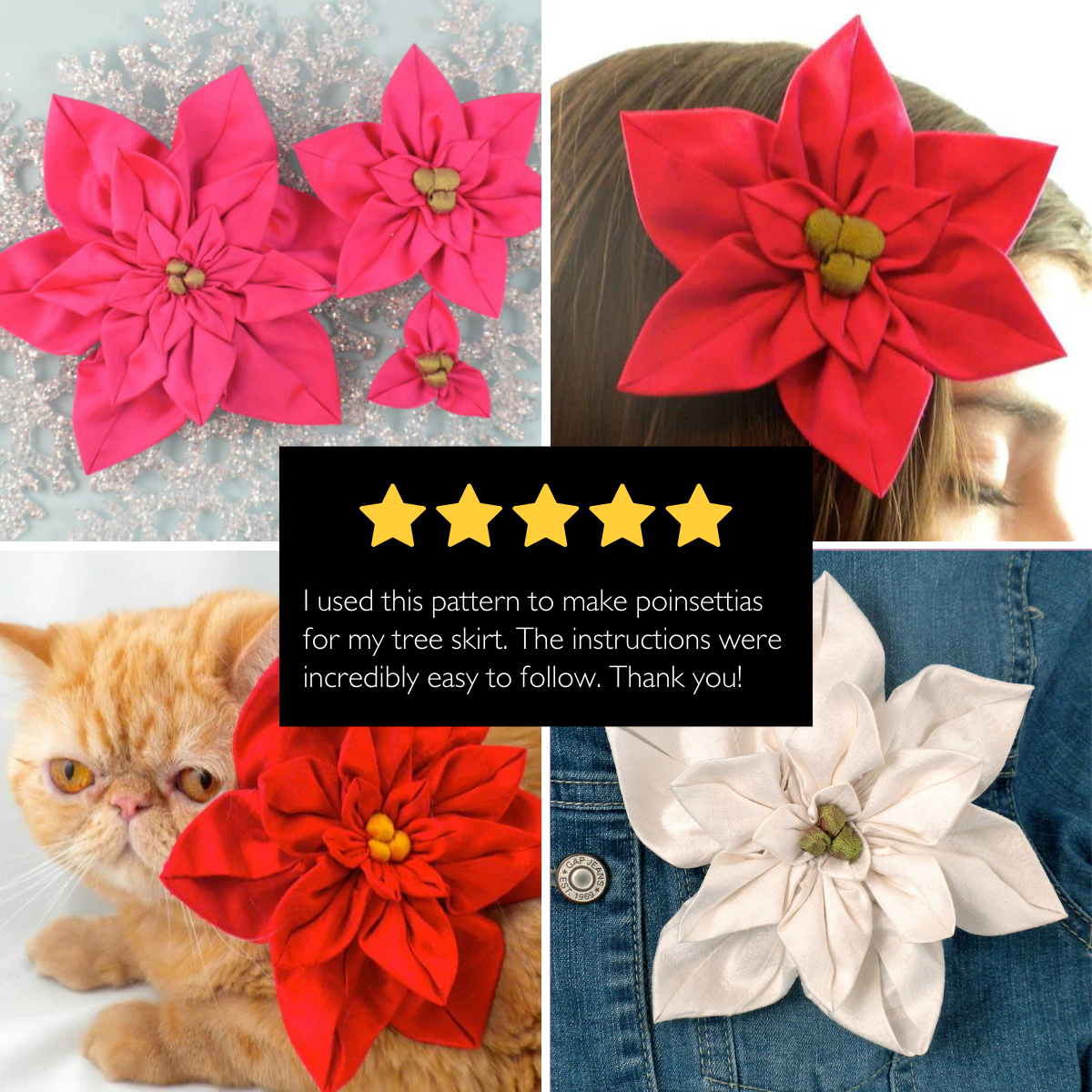 DIY Fabric Flower Poinsettia Brooch Tutorial - PDF Sewing Pattern