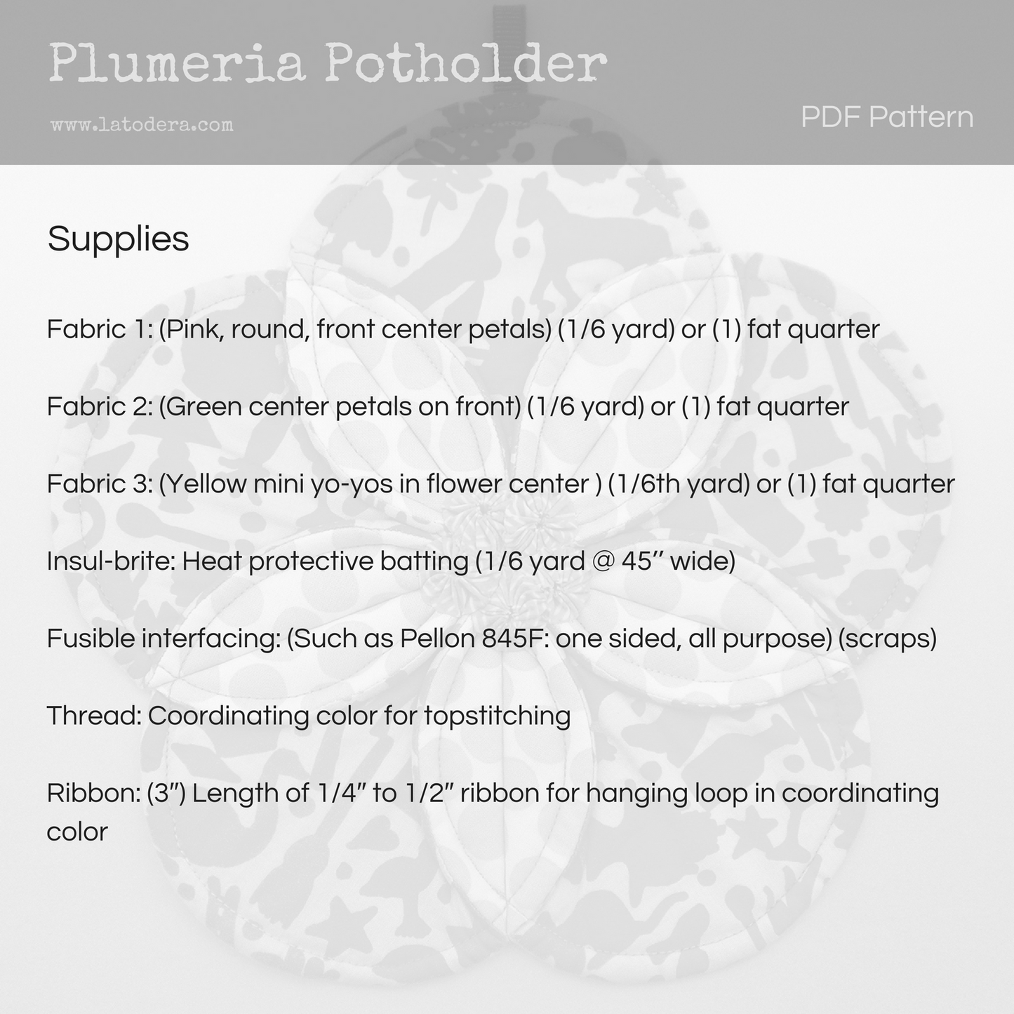 DIY Plumeria Flower Quilted Potholder Tutorial - PDF Sewing Pattern - La Todera