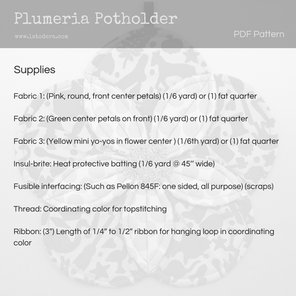 DIY Plumeria Flower Quilted Potholder Tutorial - PDF Sewing Pattern - La Todera